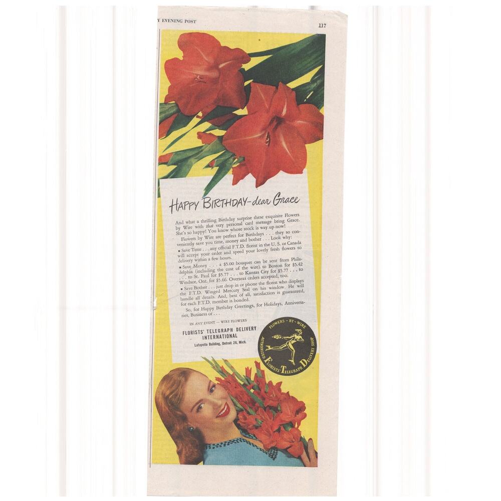 FTD Florists Telegraph Delivery International Advertisement Vtg 1940s Flowers